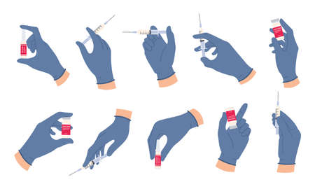 Doctor hands with vaccine. Nurse hand in medical gloves hold syringe and ampoule with medicine. Flu vaccination concept vector set. Vial or phial for health injection in laboratoryのイラスト素材