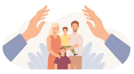 Family protection. Hands protect parents and children. Father, mother, daughter and son safe. Family health care and support vector concept. Kids and wife with husband hugging togetherのイラスト素材