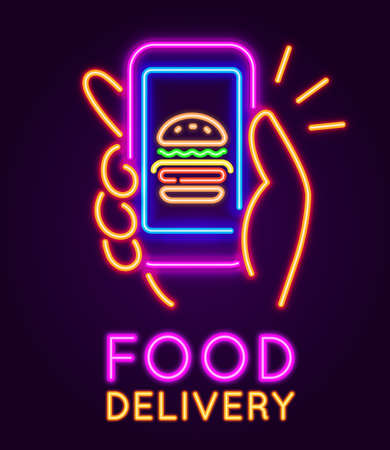 Food delivery neon sign. Glowing banner with hand holding smartphone with burger. Mobile app for online fast food cafe order vector concept. Finger touching screen to buy meal in applicationのイラスト素材