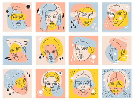Abstract linear woman face. Beautiful female portraits in continuous line. Fashion art minimalist. Modern poster with girl vector set. Pastel design for spa, cosmetics or salon advertのイラスト素材