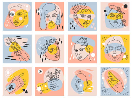 Female modern abstract posters. One line woman portrait, faces and hands holding flowers and leaves. Trendy beauty fashion art vector set. Natural artworks in pastel colors collectionのイラスト素材