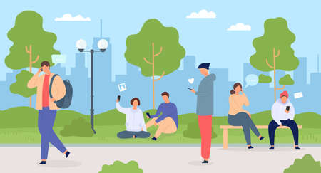 People with phones in city. Men and women in park using gadgets. Crowd in town nature. Characters with mobile technology vector flat concept. Freelancers with smartphones outside on fresh airのイラスト素材