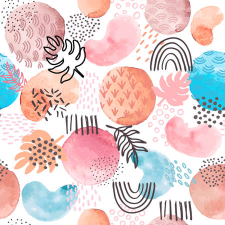 Watercolor abstract seamless pattern. Creative artistic paint shapes and geometric doodles, dots and line floral element. Vector art textureのイラスト素材