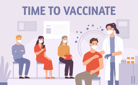 Doctor vaccinate people. Patient gets vaccine shot in hospital. Medicine for immunization. Covid-19, flu or virus prevention vector conceptのイラスト素材