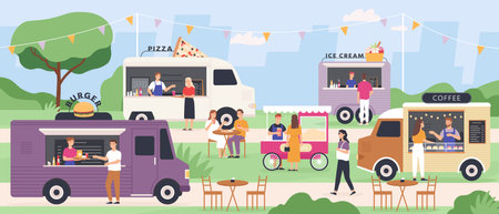 Street food festival. People eat at summer outdoor truck fair with fast foods, pizza and ice cream van, popcorn cart. Flat vector park eventのイラスト素材