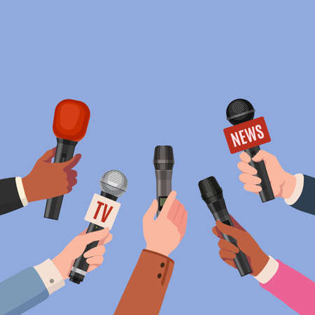 Journalist hands with microphones. Reporters with mics take interview for news broadcast, press conference or newscast. Media vector conceptのイラスト素材