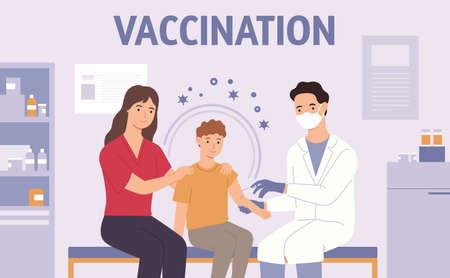 Children vaccination. Pediatrician doctor make injection for immunization. Mother and kid in hospital. Virus or flu vaccine vector conceptのイラスト素材