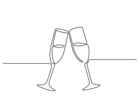 One line champagne toast. Continuous linear couple wine glasses clink. Wedding party cheers. Minimalist new year celebration vector conceptのイラスト素材