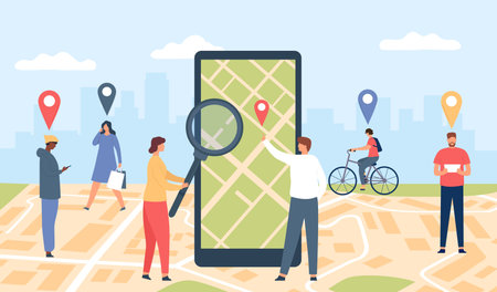 Tracking online application. Smartphone with GPS app on screen, city location map and walking people...