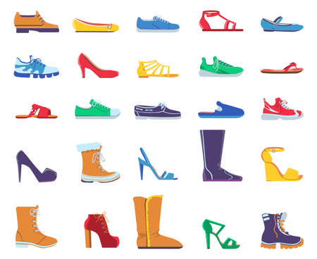 Flat shoes. Fashion footwear for women and men. Sneakers, sandals, ballets and stiletto heel shoe. Trendy cartoon boots designs vector setのイラスト素材
