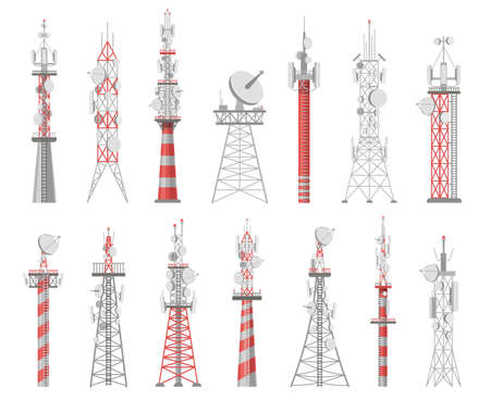 Wireless towers. Telecommunication network tower. Mobile and radio airwave connection systems. Communication satellite antennas vector setのイラスト素材