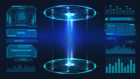 Futuristic platform. Hologram podium and digital data graphs and frames for product stand or game UI. Future technology sci fi vector stageのイラスト素材