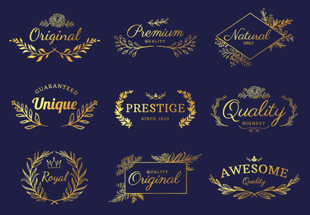 Golden ornament labels. Luxury floral badges  with leaf, flowers and crown. Vintage gold royal premium flourishes element vector setのイラスト素材