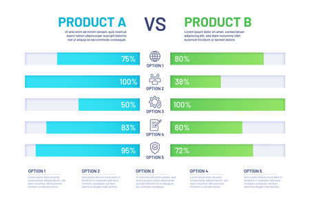 Products compare. Comparison price table with option line icons. Versus infographic bar chart. Product choice service graph vector conceptのイラスト素材