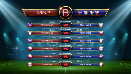 Football match schedule. Soccer calendar for matches in group. Table with date, location and country flags on stadium, vector templateのイラスト素材
