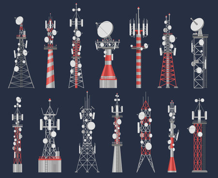 Antenna towers. Radio tower station for cell communication with wireless signal. Telecom network construction for mobile internet vector setのイラスト素材