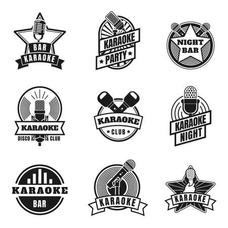 Karaoke emblems. Vintage labels with microphones for music karaoke night party. Retro silhouette singing club badges, mics logo vector setのイラスト素材