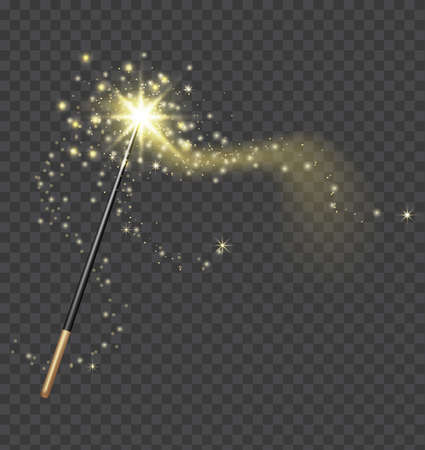 Magic wand. Realistic fairytale stick with golden sparkle trail. Fantasy glitter and shine star. Fairy wand and magical light vector conceptのイラスト素材