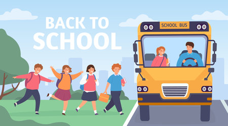 Kids ride to school. Group of elementary students board bus with driver. Cartoon preschool children...