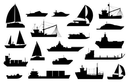 Boats silhouette. Sailboat, barge, fishing and cruise ship, sea yacht, passenger and cargo vessel icons. Nautical transport logo vector setのイラスト素材