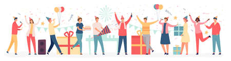 Friends at birthday. Business team celebrate holiday event with cake, balloons, gifts and confetti. Men and women at party vector conceptのイラスト素材