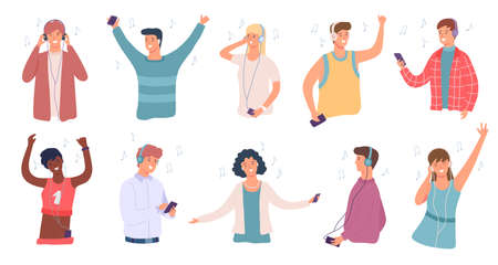 People listen music. Happy man and woman in headphone dancing. Student enjoying songs on phone. Teenage character listening audio vector setのイラスト素材