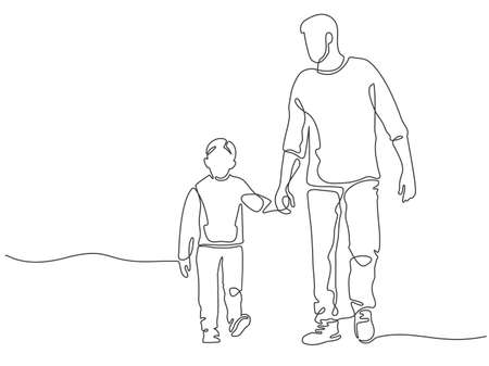One line father. Dad walking with son. Fatherhood poster with man and child holding hands. Continuous lines happy fathers day vector conceptのイラスト素材
