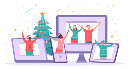 Virtual christmas party. Happy people safely celebrate new year. Friends video chat gathering, quarantine holiday celebration vector conceptのイラスト素材