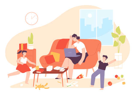 Mother work from home. Hyperactive kids and tired mom with laptop in messy room. Freelance woman with children. Parent stress vector conceptのイラスト素材