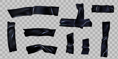 Black scotch. Ripped adhesive duct tape with wrinkles. Plastic tape stripes cross for fix. Realistic 3d torn sticky pieces vector setのイラスト素材