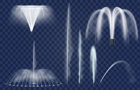 Fountain jets. Realistic water splashes, curved sprays and geysers. Fountains cascade and combination. Water decoration for park vector setのイラスト素材