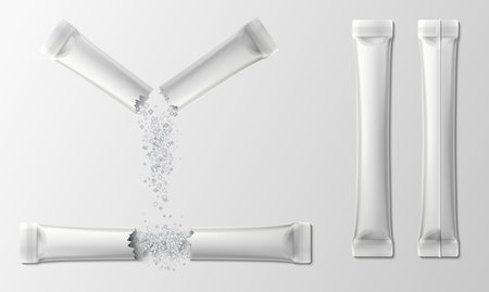Sachet with sugar. Realistic torn salt or coffee stick pack with falling crystals. Plastic package for powder products. 3d mockup vector setのイラスト素材