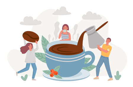 Coffee break. Big cup of morning hot drink and people drinking espresso and relax. Cafe poster with friends enjoy coffee time vector conceptのイラスト素材