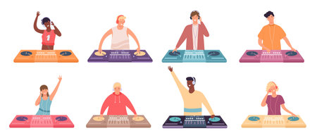 Dj characters at console. Female and male party musicians with turntable mixer. Dj make dance music...