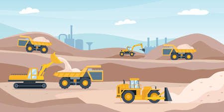 Quarry landscape. Sand pit with heavy mining equipment, bulldozer, digger, trucks, excavator and factory. Open mine industry vector conceptのイラスト素材
