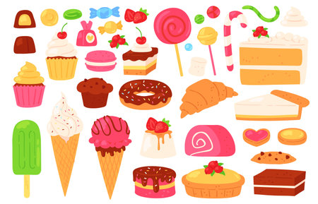 Cartoon candy and sweets. Cupcakes, ice cream, lollipops, chocolate and jelly candies, biscuit...