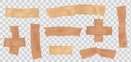 Paper adhesive tape. Masking scotch pieces with torn edge. Realistic beige sticky paper stripe. Ripped medical bandage with folds vector setのイラスト素材