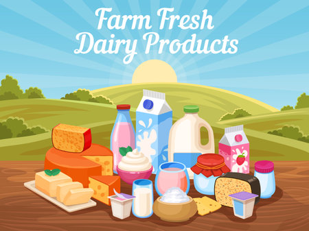 Farm fresh dairy products. Natural cow milk, cheese and yogurt in rural landscape with countryside field. Village organic food vector posterのイラスト素材