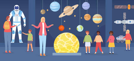 Planetarium excursion. Adults and kids characters in astronomy gallery. School trip to space museum. Flat cosmos exhibition vector conceptのイラスト素材