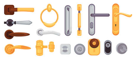 Door handle and knob. Cartoon modern metal and golden locks, latches, doorknobs and handles. House interior doors element icons vector setのイラスト素材