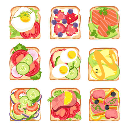Healthy sandwiches. Tasty breakfast toast bread with avocado and salmon, salad, eggs and tomato, strawberry. Vegetarian sandwich vector setのイラスト素材