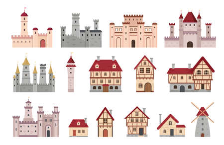 Medieval buildings. Ancient european town and village house, cottage and windmill. Cartoon tower, castle and palace. Architecture vector setのイラスト素材