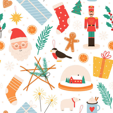 Christmas seamless pattern. Merry winter holidays and Happy New Year with gifts, gingerbread, santa, nutcracker and tree toys, vector printのイラスト素材