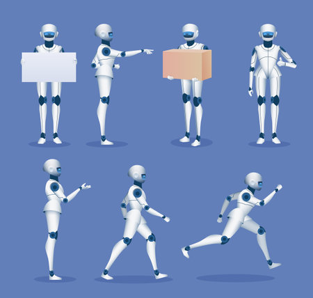 Humanoid robot mascot. Cartoon future android character poses. 3d robots running, standing, holding poster board and delivery box vector setのイラスト素材