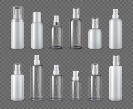 Spray bottles. Realistic cosmetic aerosol, deodorant or sprayer clear bottle package mockups. 3d plastic cream dispenser with cap vector setのイラスト素材