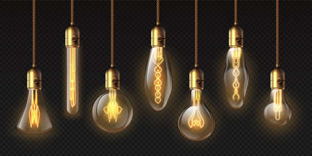Edison light bulbs. Hanging vintage pendant copper lamps with glowing lightbulb filament. 3d decorative bulb on electricity wire vector setのイラスト素材