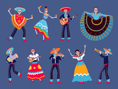 Day of dead skeletons. Mexican dia de los muertos skeleton dancers characters. Catrina, mariachi musicians skeletons with guitar vector setのイラスト素材