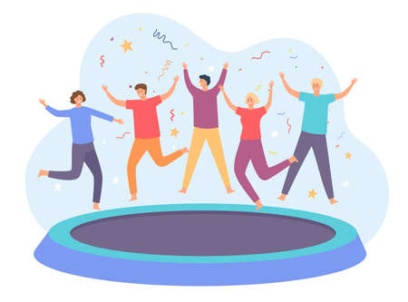 Teens on trampoline. Happy group of friends jumping and having fun. Energetic people leap on trampoline. Party entertainment vector conceptのイラスト素材