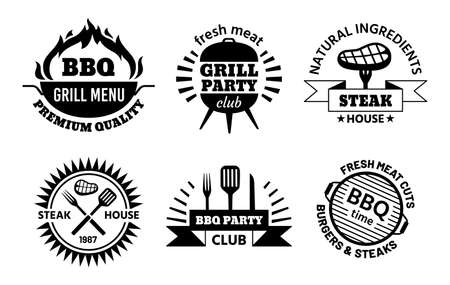Bbq logo. Barbecue and steak house emblems for restaurant menu. Bbq club labels with hot grill, meat, sausage and cooking tools vector setのイラスト素材