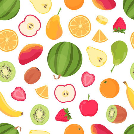 Fruits seamless pattern. Tropical citrus fruit and berry, banana, orange, watermelon, mango and...